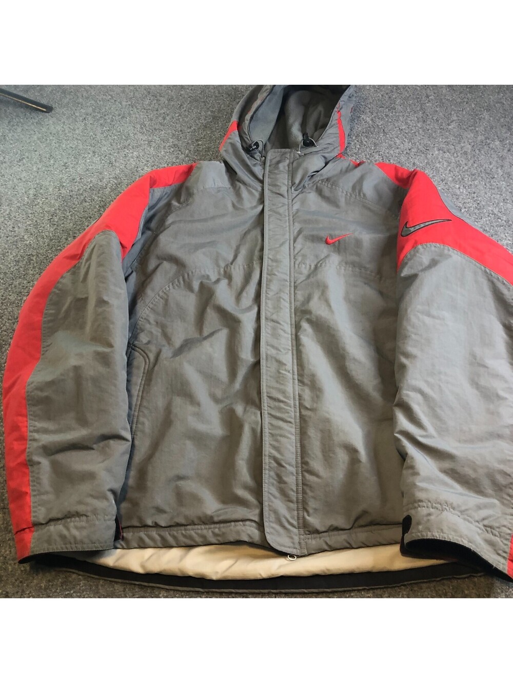 Vintage Nike Jacket Mens XL Gray Red Hooded Puffer Full Zip Big Swoosh 90s Y2K